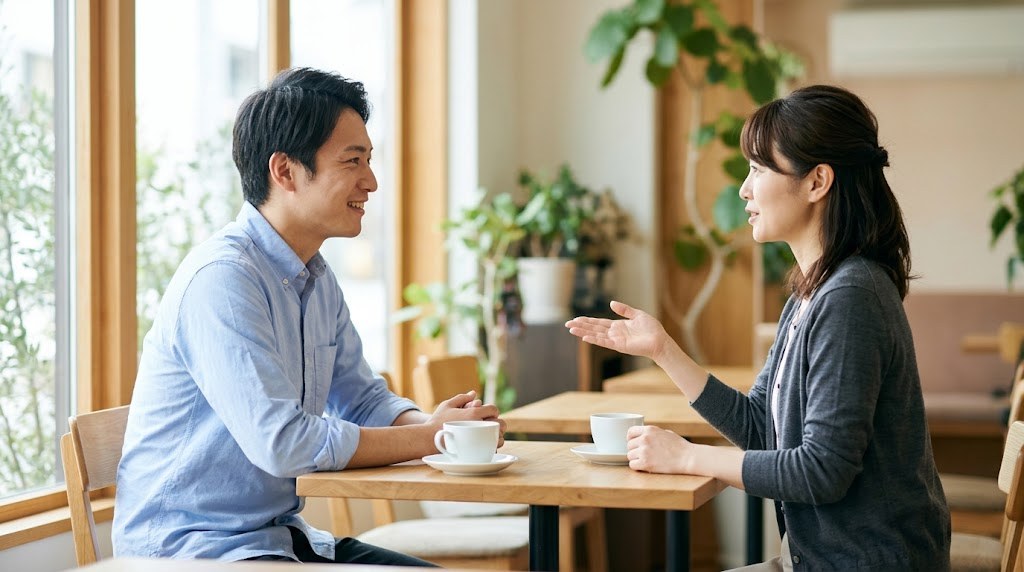 教員の転職と年収の見通しについて、カフェでキャリアコーチに相談する20代の先生（イメージ）