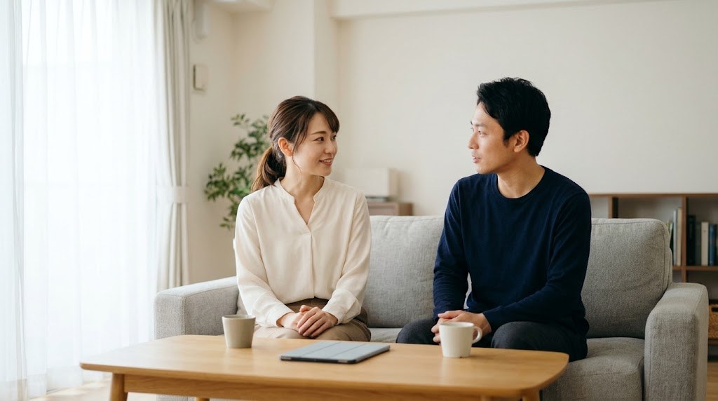教員から転職する前に、退職後の健康保険や住民税の切り替えをリビングで家族と話し合う30代の先生（イメージ）