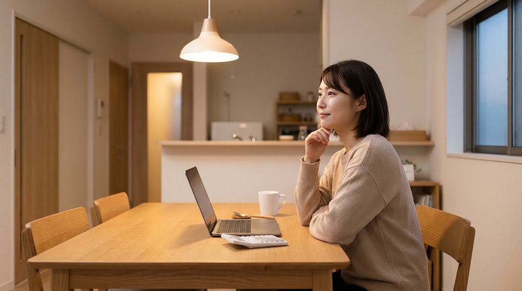 教員の転職で年収が下がるか不安になり、自宅のダイニングテーブルで家計を見直す20代の先生（イメージ）