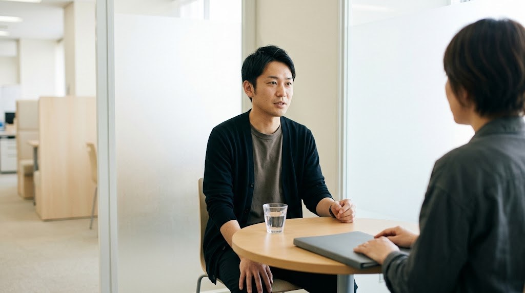 教員の転職先を選ぶ注意点を、相談ブースでキャリアの相談員に聞く30代の男性の先生の場面(イメージ)