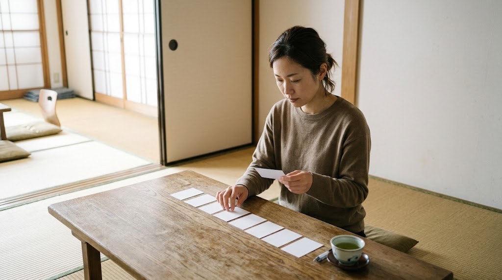 教員の転職先を目的別に選ぶため、和室の座卓で白いカードを並べ替えて優先順位を考える女性の場面(イメージ)