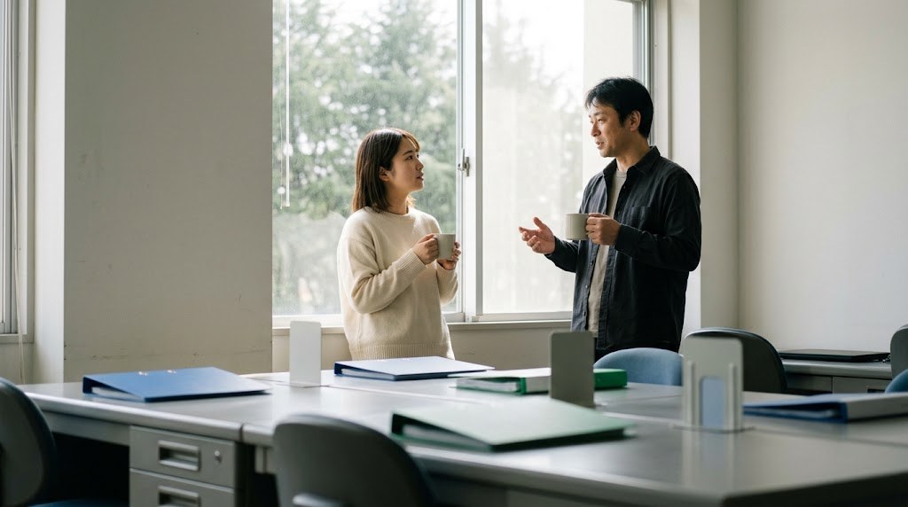 教員の転職先は年代で変わることを表す、職員室の窓ぎわで立ち話をする20代と40代の先生の場面(イメージ)