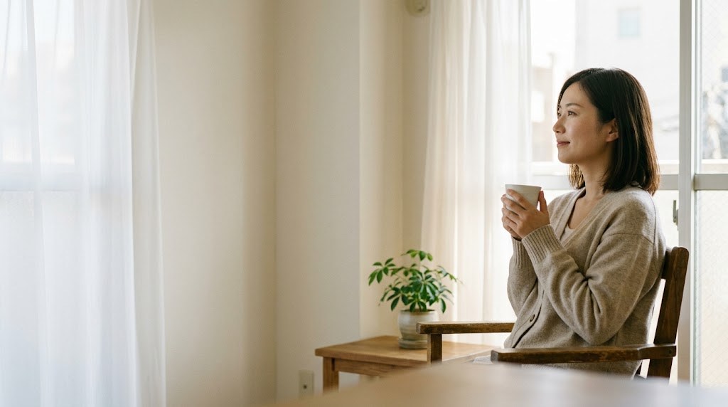 教員が疲れたと感じた日、自宅の窓辺で温かいお茶を手にひと息つく20代の先生(イメージ)