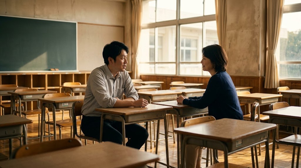 教員が疲れたとき、放課後の空き教室で信頼できる先輩の先生に悩みを話す30代の先生(イメージ)