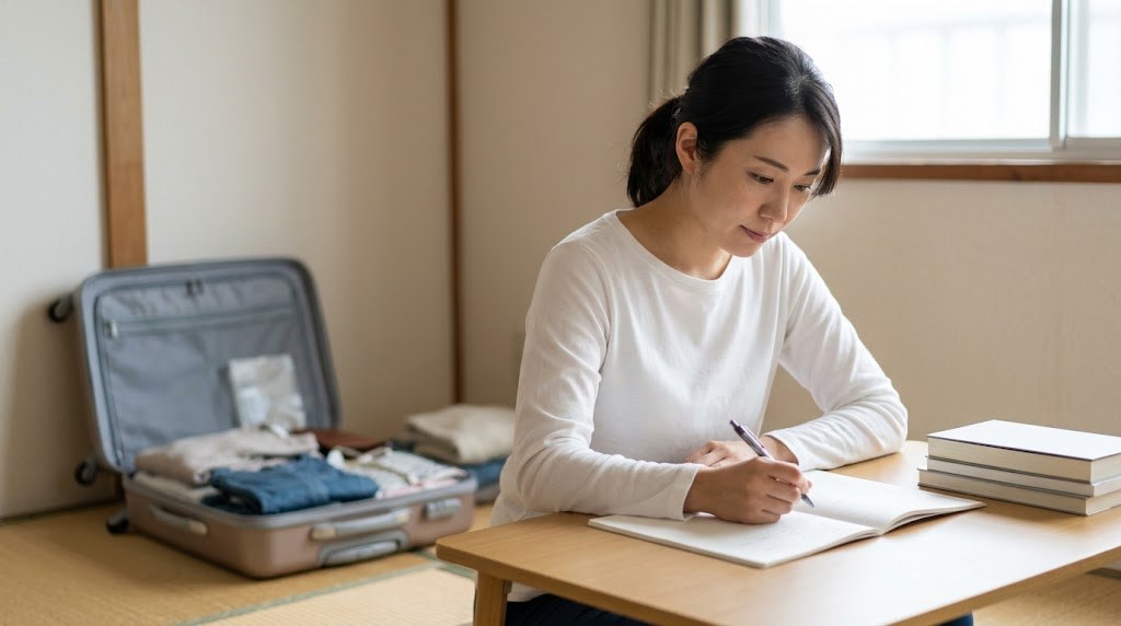 教員がワーホリから帰国したあと、自宅の机で教員に戻る準備を進める30代の先生(イメージ)
