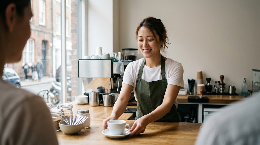 教員を退職してワーホリへ行き、海外の街のカフェで働く20代の日本人の元先生(イメージ)