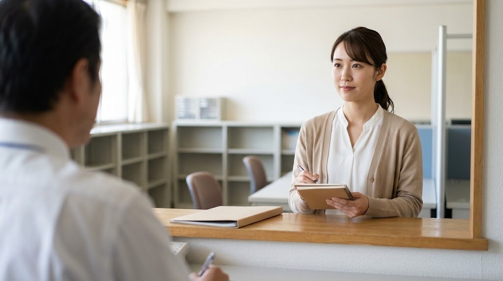 教員を辞める前に、学校の事務室の窓口で退職手当の見込み額を事務職員にたずねる20代の先生(イメージ)