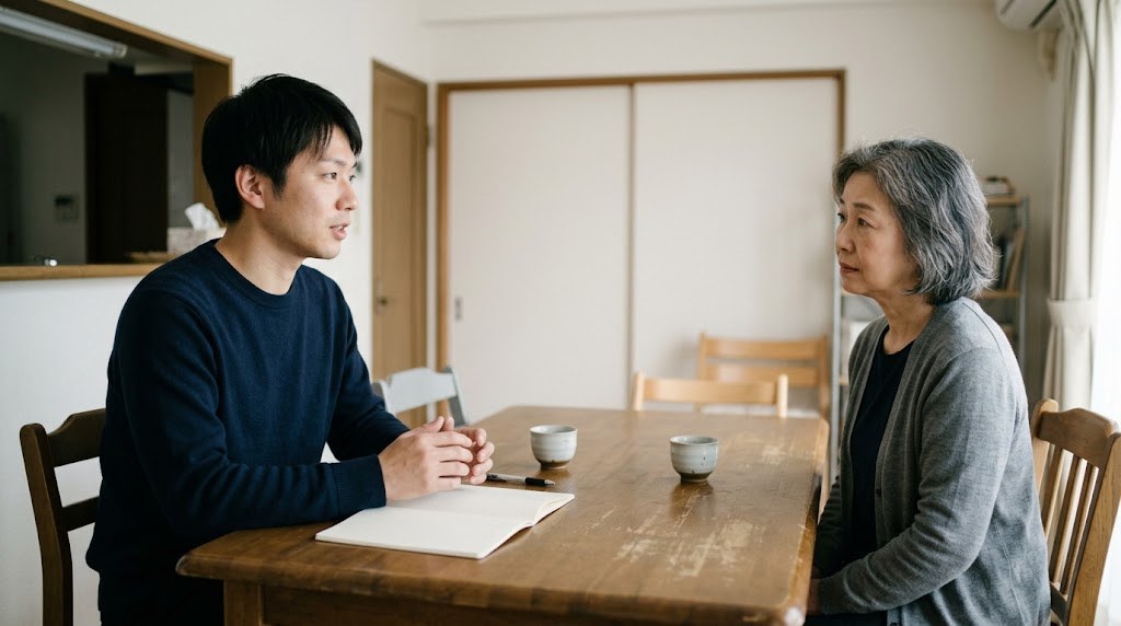 公務員を辞めるのはもったいないと心配する母親に、実家の食卓で調べたことを落ち着いて話す若い先生(イメージ)