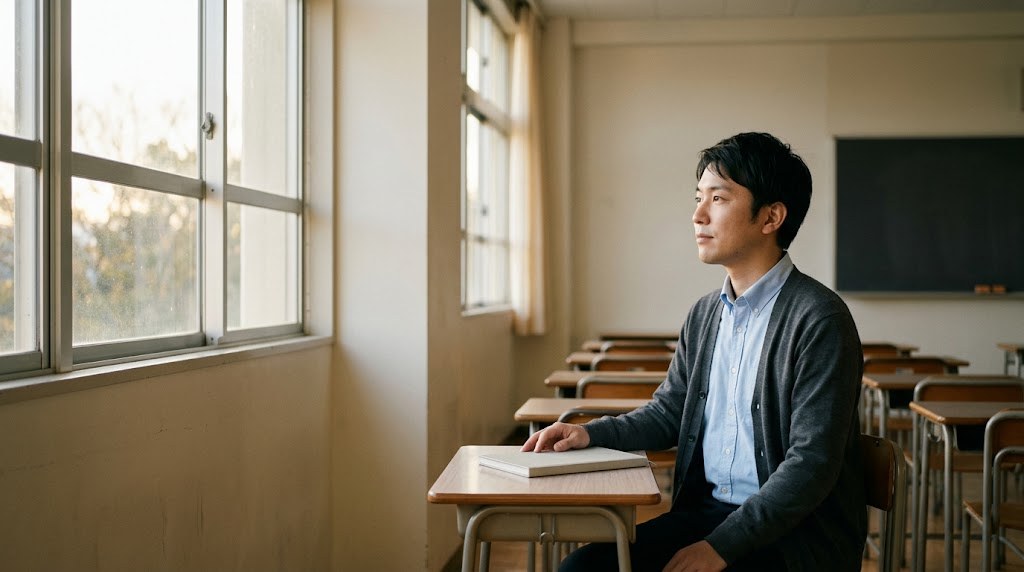 教員を辞めるのはもったいないと言われ、放課後の教室で教卓の席から窓の外を見て考える30代の先生(イメージ)
