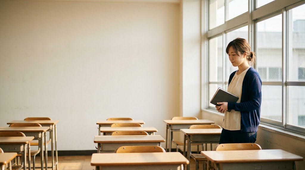 教員を辞める勇気が出ず、放課後の教室の窓辺でノートを手に考えこむ20代の先生(イメージ)
