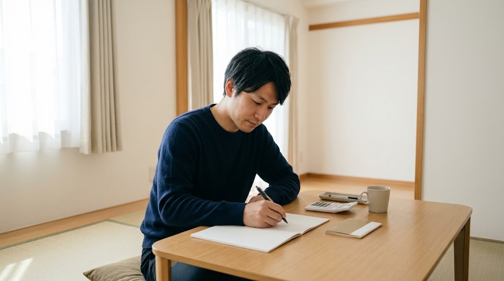 教員を辞める不安を小さくするため、自宅の机で通帳と電卓を使い毎月の生活費を書き出す先生(イメージ)