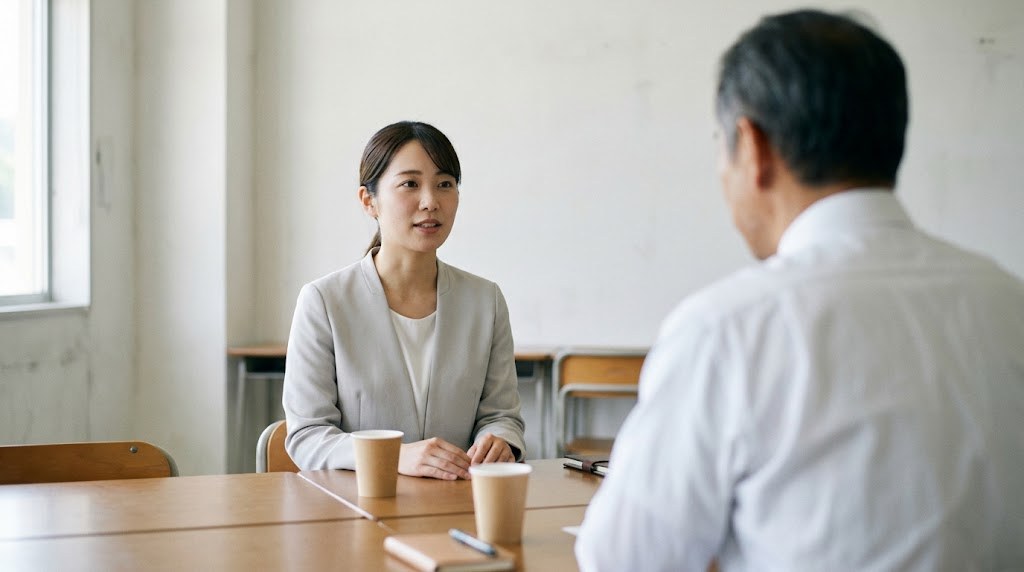 教員を辞めるのが怖い気持ちを、校内の小さな相談室で先輩の先生に落ち着いて打ち明ける若手の先生(イメージ)