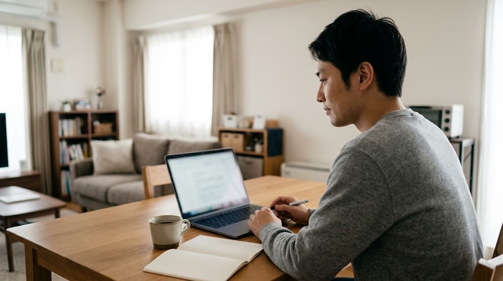 教員を辞めたい気持ちは甘えなのか、自宅の机でノートパソコンを開き調査資料を落ち着いて確かめる30代の先生（イメージ）