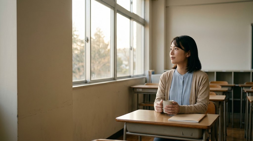 教員を辞めたいのは甘えかもしれないと、放課後の職員室の窓辺で静かに考える20代の先生（イメージ）