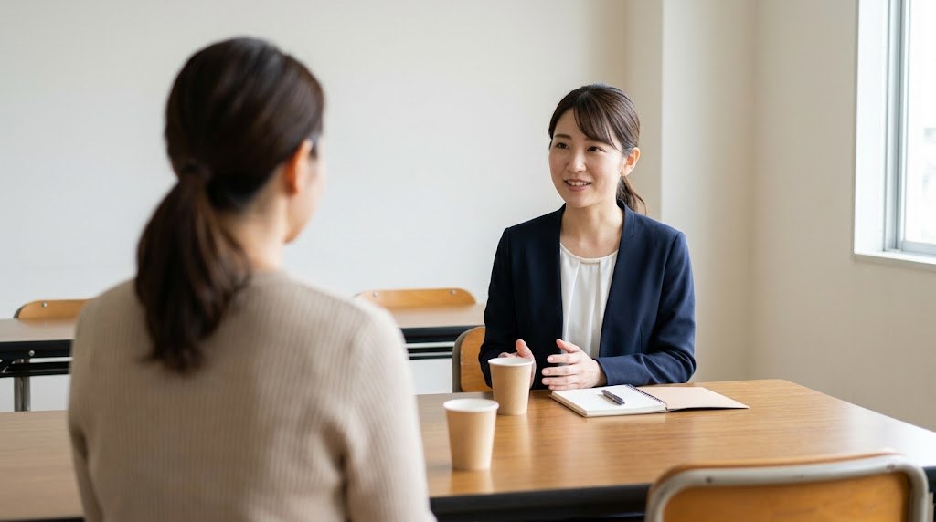 教員を辞めたい気持ちを甘えと決めつけず、校内の小さな部屋で同僚の先生に相談する若手の先生（イメージ）