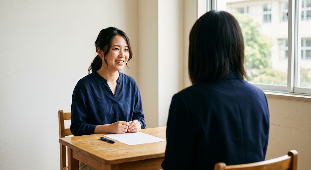 高校の教員を辞めたいと悩んだ時期を経て、生徒の進路の相談に笑顔で耳を傾ける20代の先生(イメージ)