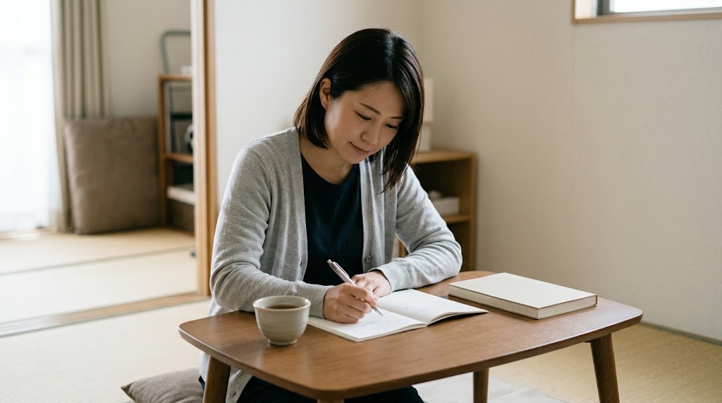 高校の教員を辞めたい理由を整理するため、休日の自宅でノートに書き出している30代の先生の手元(イメージ)