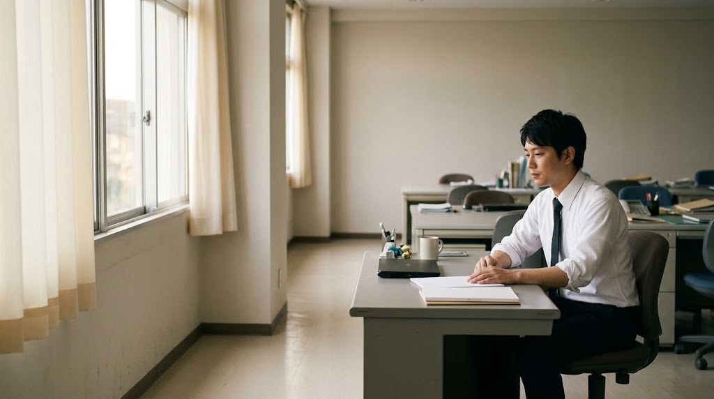 教員を辞めたいと感じ始めた高校の先生が、放課後の職員室で書類を前に手を止めている場面(イメージ)
