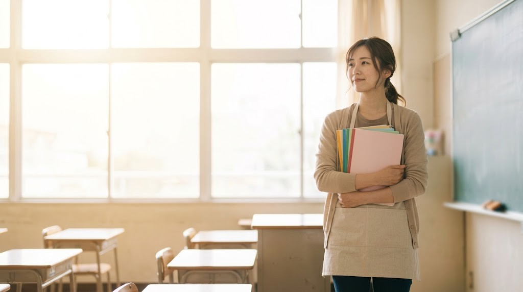 教員を辞めたいと感じた初任の先生が、放課後の教室でノートの束を抱えて窓の外を見つめる場面（イメージ）