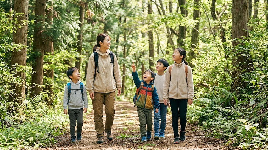 教員を辞めたい初任の先生に知ってほしい、学校の外の学びの場でスタッフと子どもが森の道を歩く場面（イメージ）