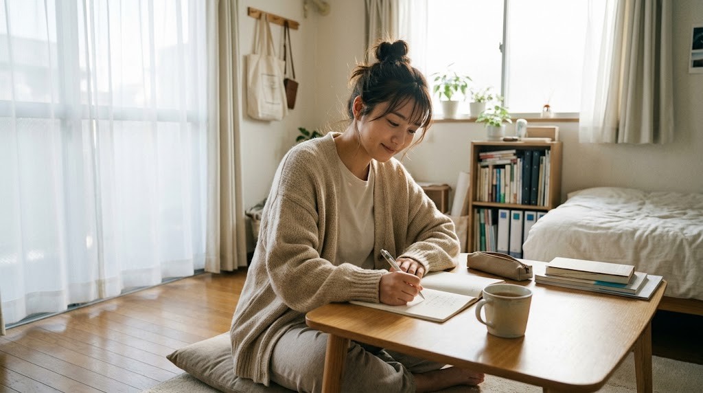 初任で教員を辞めたいと感じた先生が、休日の朝に自宅の低い机で選択肢をノートに書き出す場面（イメージ）