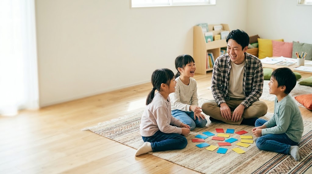教員を辞めてよかったと語る元教員が、小さな学びの場で子どもたちとカード遊びをして笑い合う場面（イメージ）