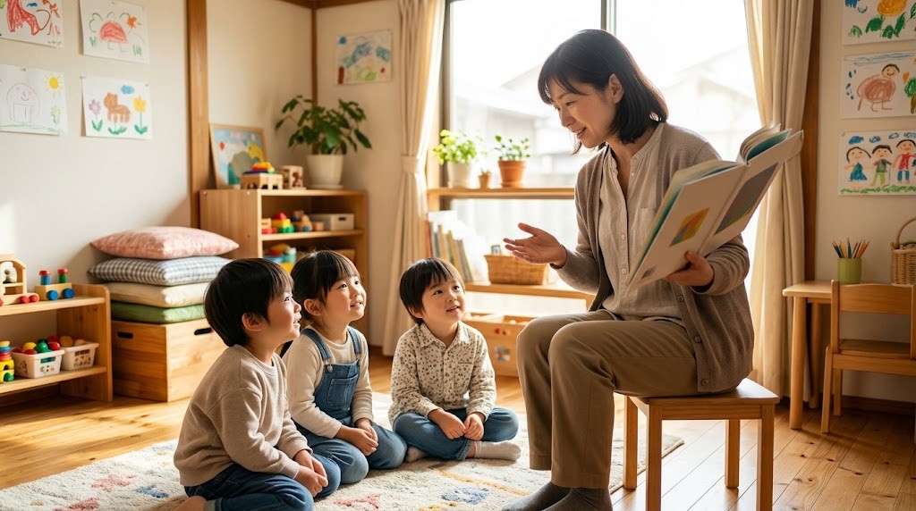 教員を辞めてよかったと感じた元教員が、学校の外の小さな教室で子どもたちに絵本を読み聞かせる場面（イメージ）