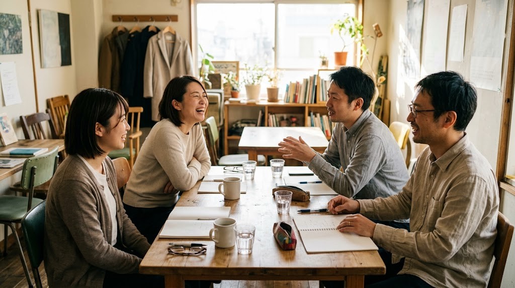 教員を辞めてよかったかを考える先生が、休日のカフェで学校の外の仲間と机を囲んで語り合う場面（イメージ）