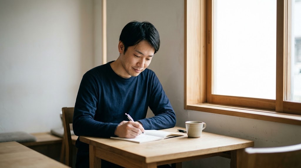 教員のやりがいがない理由を確かめようと、休日のカフェでノートに気持ちを書き出す30代の先生（イメージ）