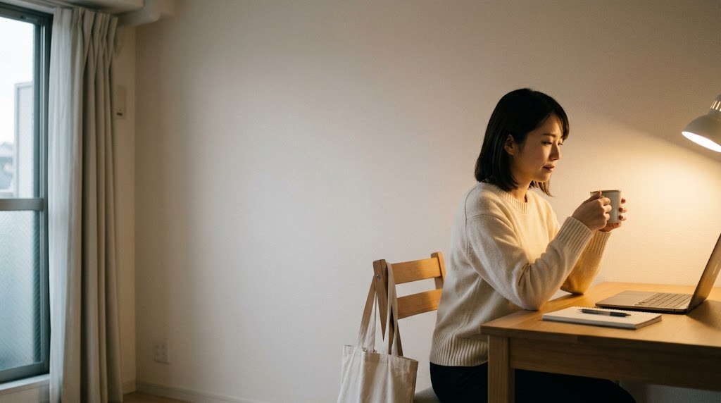 教員のやりがいがないと感じ、仕事帰りに自宅の机でマグカップを手に静かにふり返る20代の先生（イメージ）