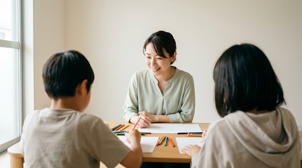 教員のやりがいがない時期を経て、少人数の学びの場で子どもの手元を笑顔で見守る30代の先生（イメージ）