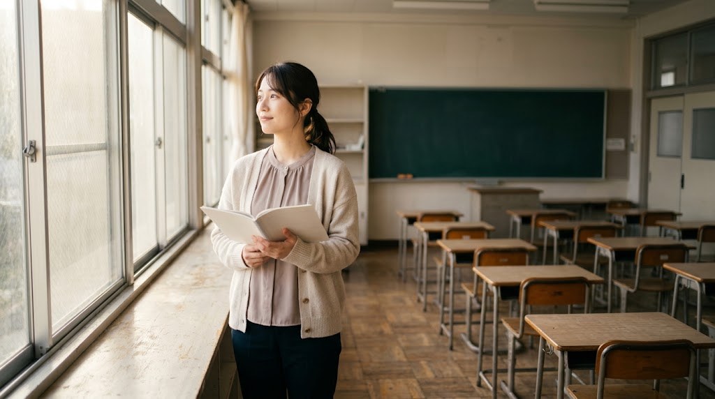 教員がやりたい教育をできないと感じたとき、朝の教室で一人ノートを開く若い先生のイメージ