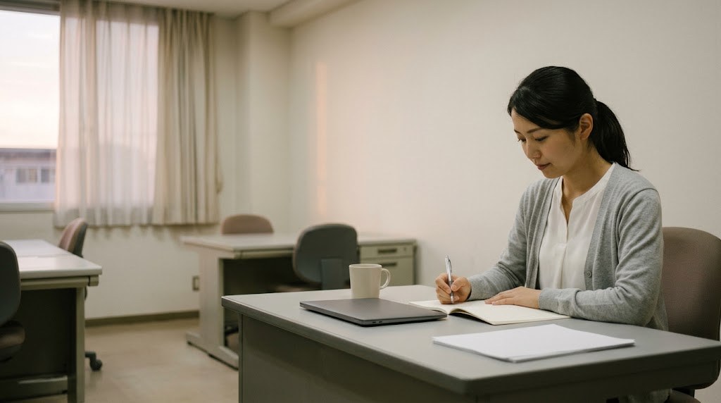 教員の残業時間の平均が気になりながら、夕方の職員室で机に向かう20代の先生（イメージ）