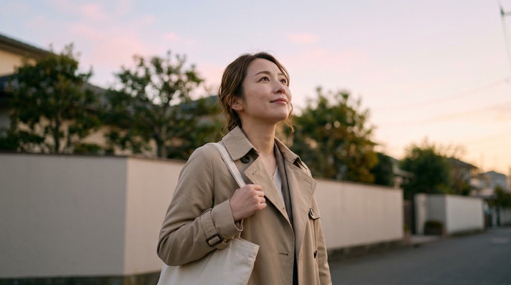 教員の残業時間を見直そうと決め、明るいうちの帰り道で夕空を見上げる30代の先生（イメージ）