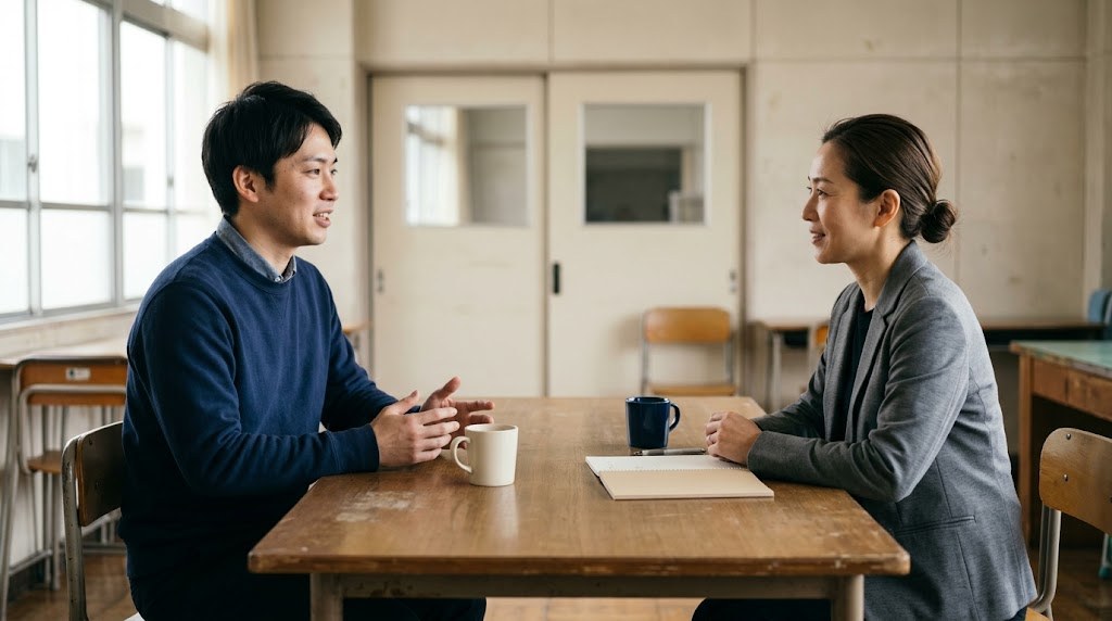 魔の11月を一人で抱えないよう、放課後の小さな部屋で先輩の先生に学級のことを相談する若い先生（イメージ）
