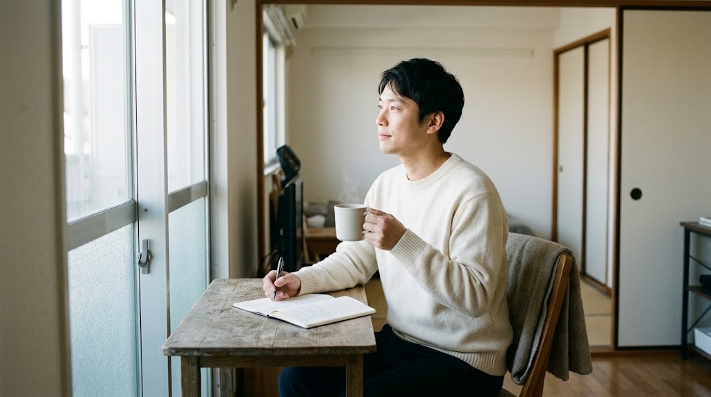 魔の11月を越えた冬休みの朝、自宅の窓ぎわで温かい飲み物を手にこの先のことをノートに書く先生（イメージ）