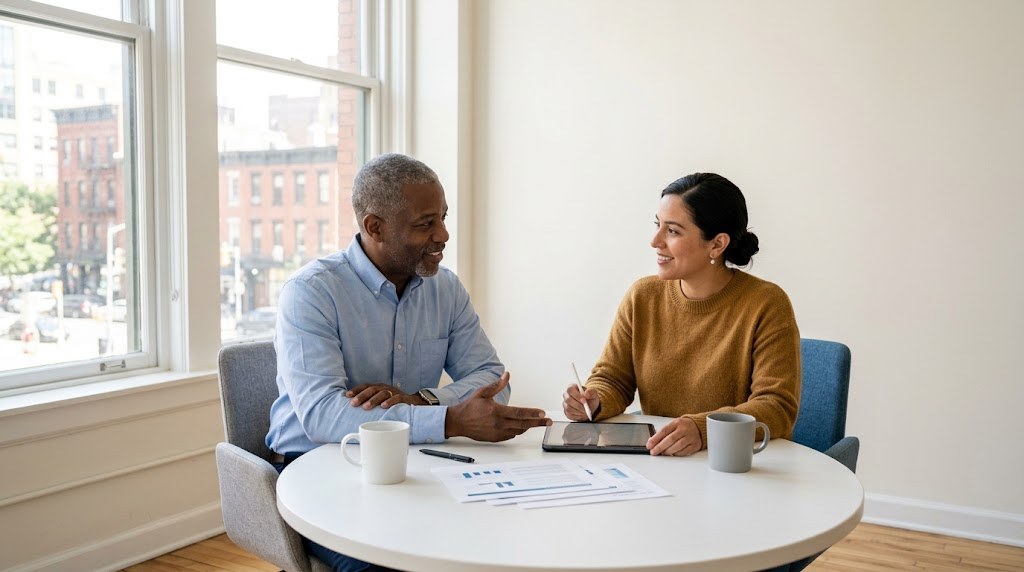Two co-founders, a man in his fifties and a woman in her thirties, discuss a written business plan at a round table in a bright shared office (illustrative image)