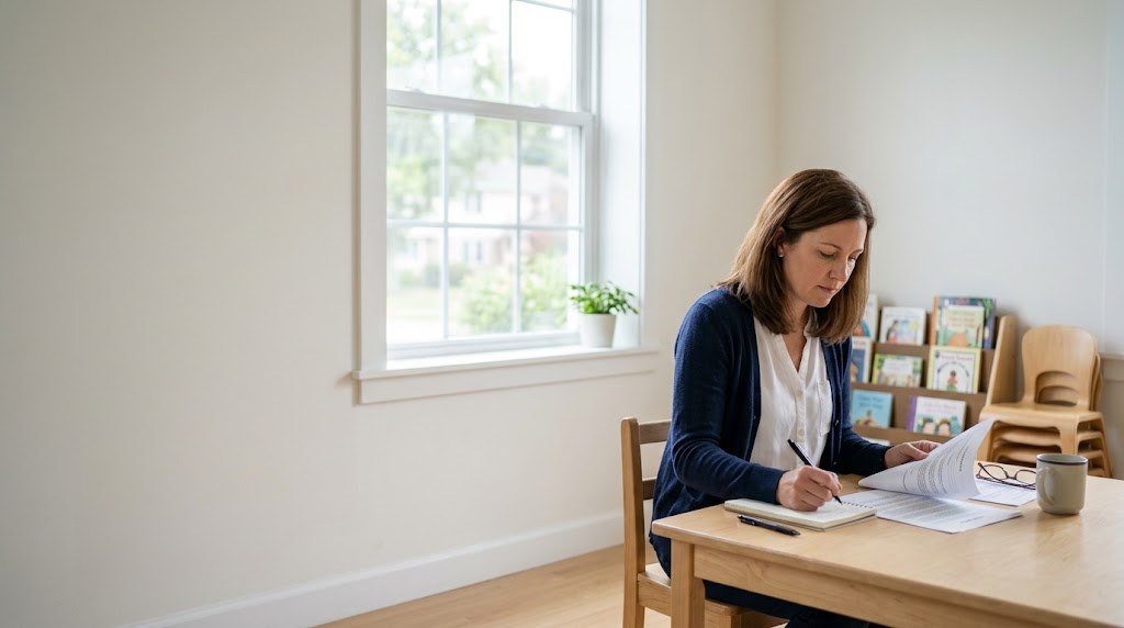 A woman in her forties sits at a wooden table by a window in an empty small classroom, reading a printed contract and taking notes (illustrative image)