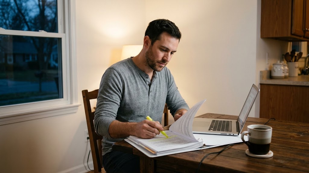 A man in his thirties with a laptop and a thick binder of documents highlights pages at a kitchen table in an American home (illustrative image)