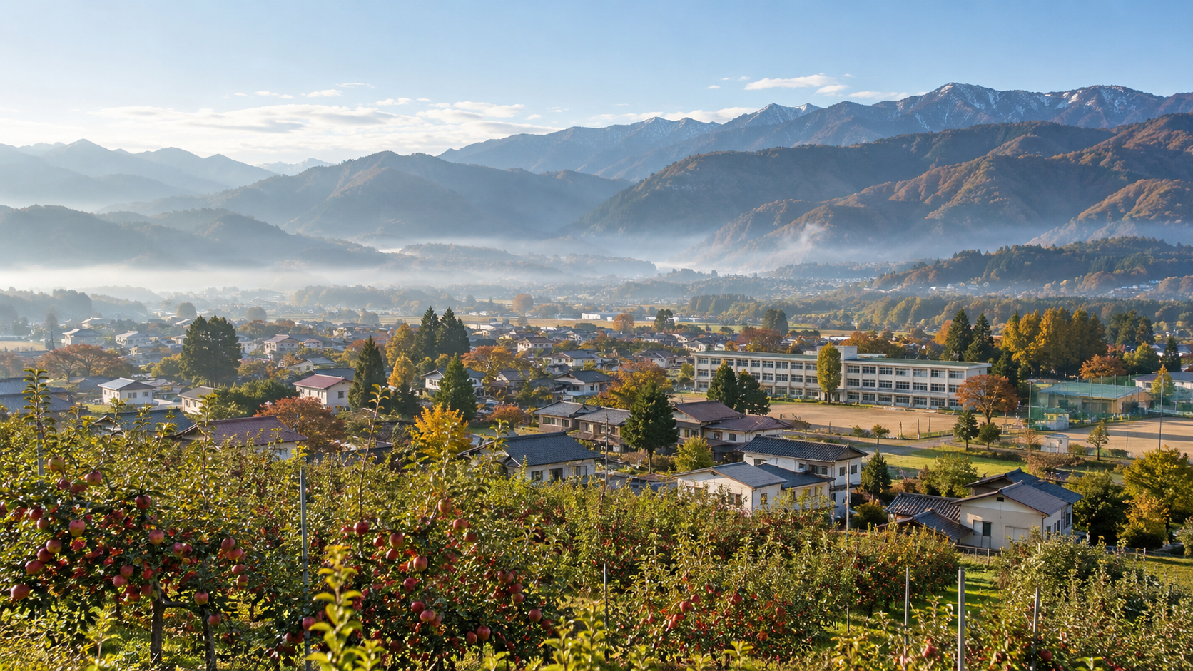 長野の教員が異動先を考える、山に囲まれた盆地の町の朝の景色(イメージ)