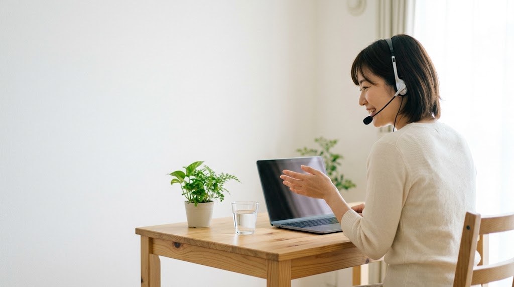 日本語パートナーズのあと、日本の自宅から海外の子どもとオンラインで日本語で話す20代の先生(イメージ)