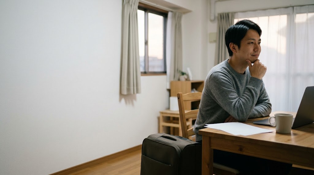 日本語パートナーズの滞在費と待遇を確かめながら、自宅で海外での暮らしの準備を考える30代の先生(イメージ)