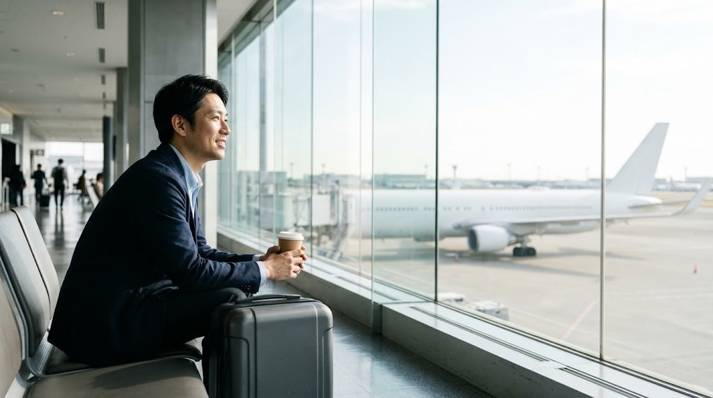 日本人学校の教員になるため、空港の出発ロビーで搭乗を待つ30代の日本人の先生(イメージ)