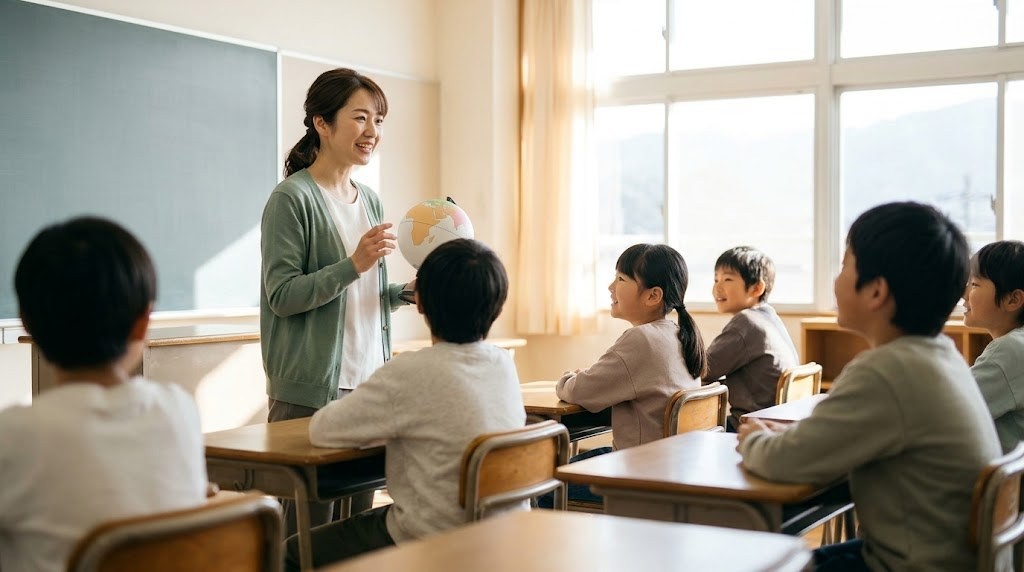 日本人学校から帰国した教員が、日本の教室で海外での経験を子どもたちに話す30代の先生(イメージ)