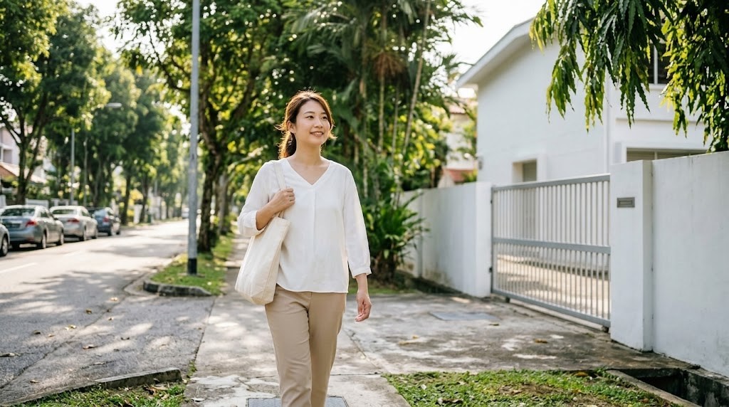 日本人学校の教員として、海外の明るい街並みを歩いて校舎へ向かう20代の日本人の先生(イメージ)