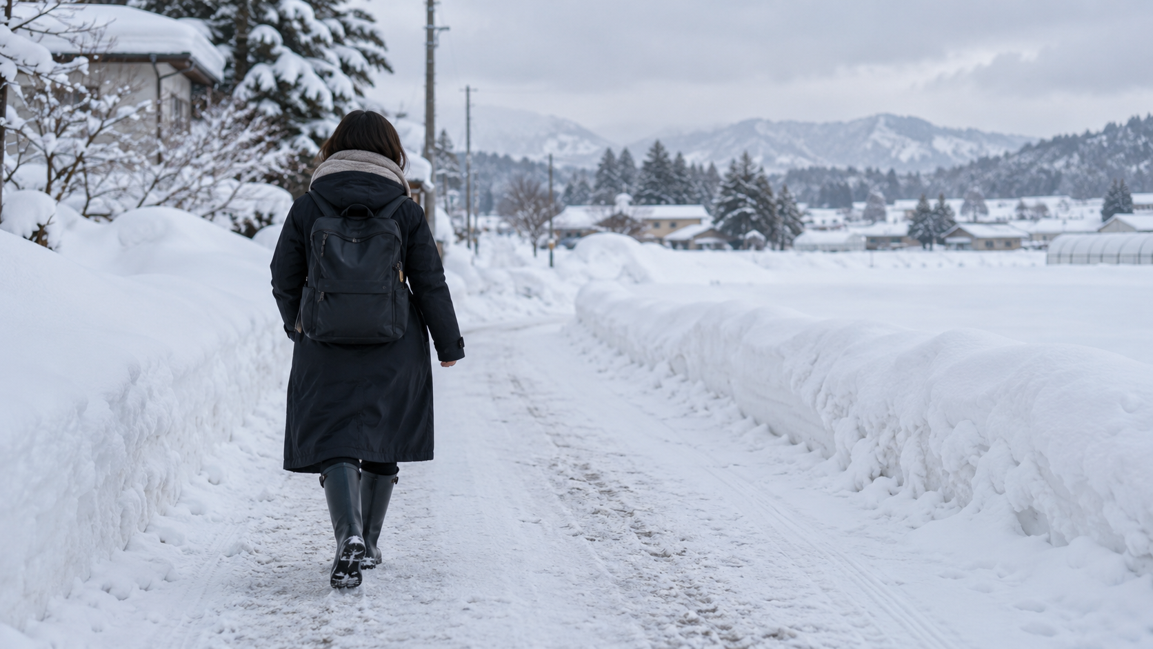 新潟の教員が冬の朝、雪の積もった道を歩いて学校へ向かう30代の先生(イメージ)