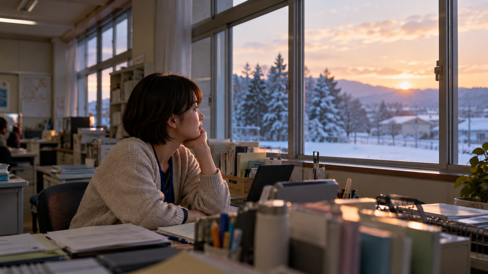 新潟の教員が夕方の職員室で、手を止めて雪景色を見る30代の先生(イメージ)