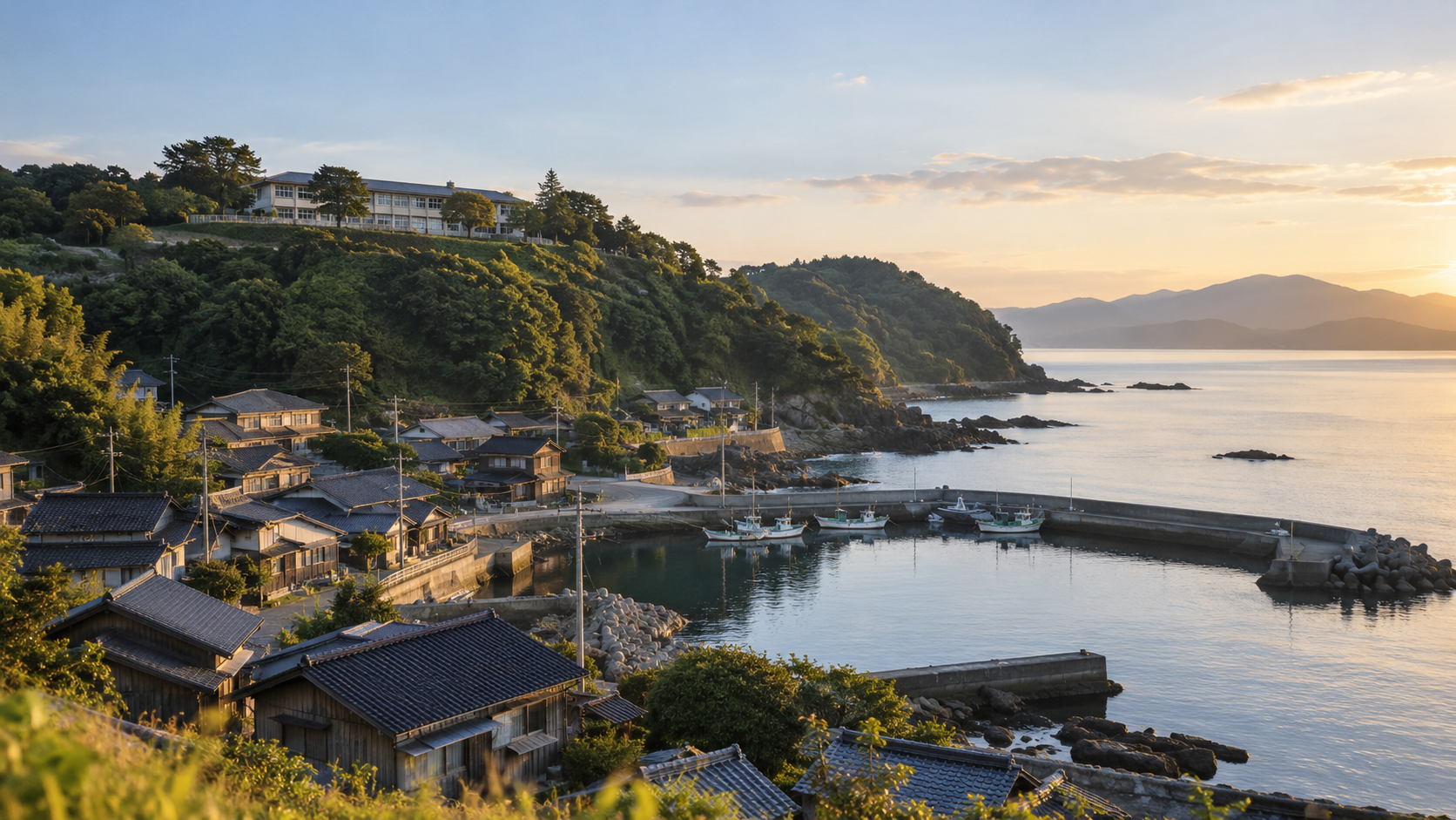 新潟の教員が異動先を考える、島の海辺の小さな集落の朝の景色(イメージ)