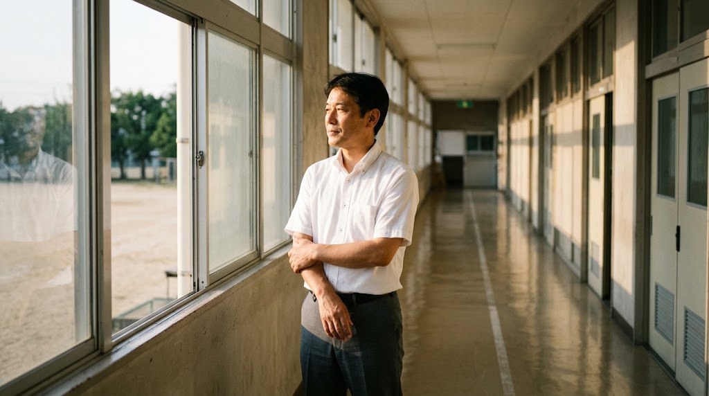 大阪の教員が転職か異動かで迷い、放課後の廊下の窓から校庭を見つめて考え込む50代の先生(イメージ)