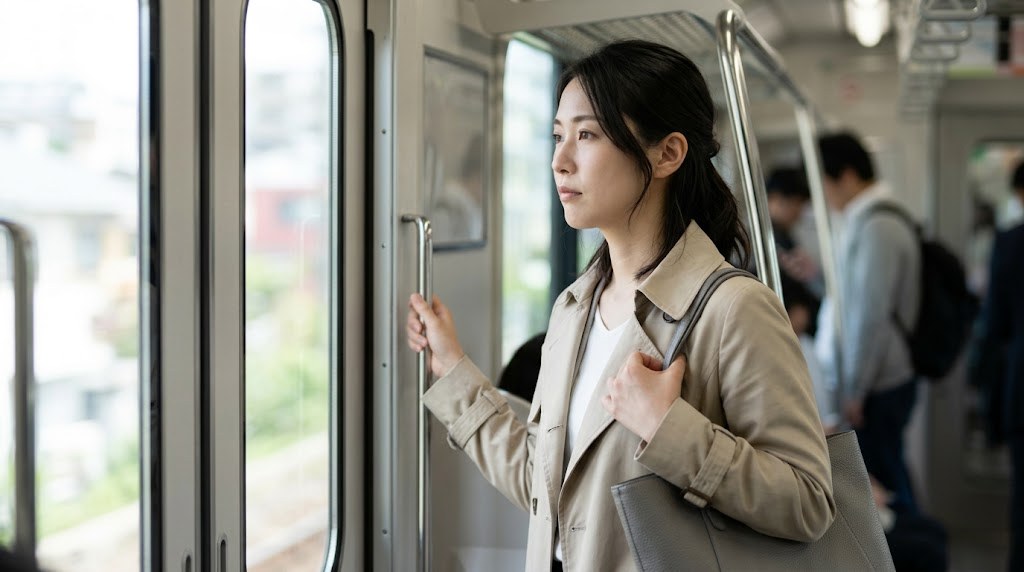 大阪の教員が転職を考える通勤の朝、電車のドアのそばに立って窓の外をぼんやり眺める若い先生(イメージ)